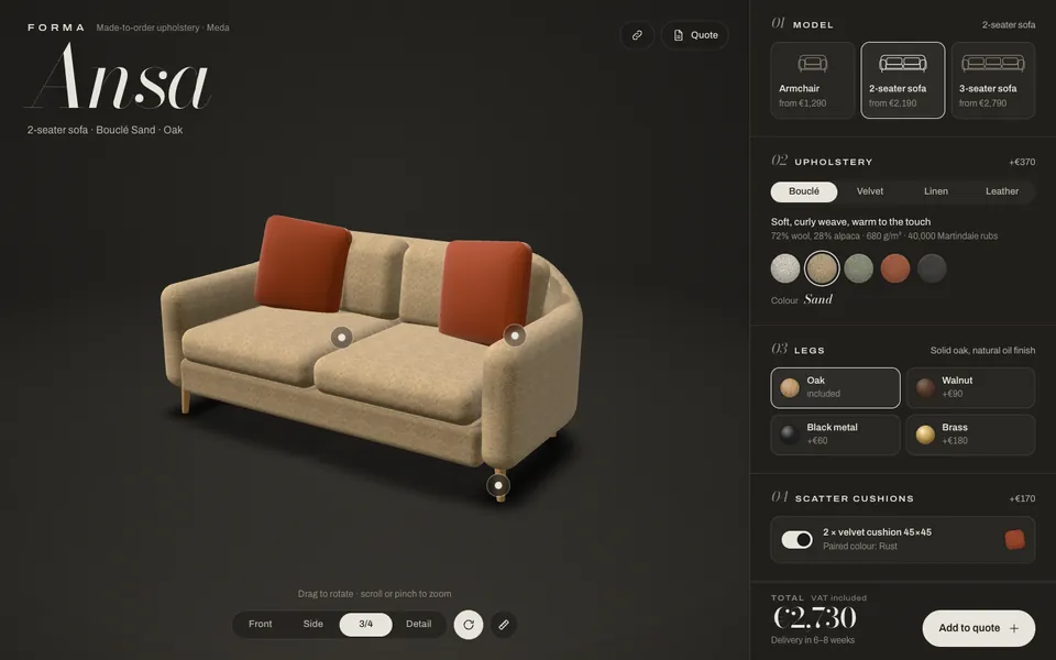 Preview of the prototype Forma: 3D configurator
