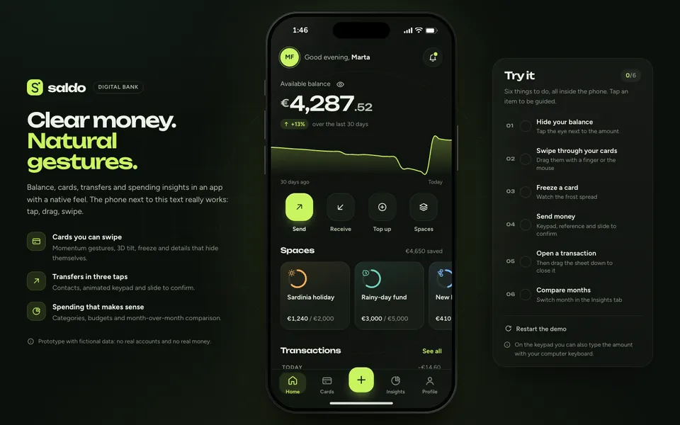 Preview of the prototype Saldo: Fintech mobile app