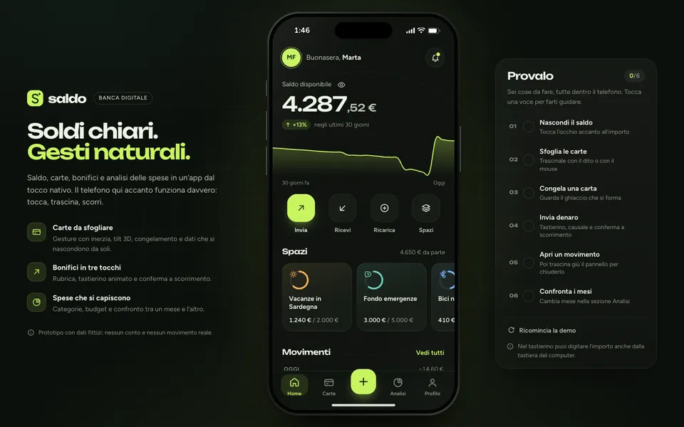 Anteprima del prototipo Saldo: App mobile fintech
