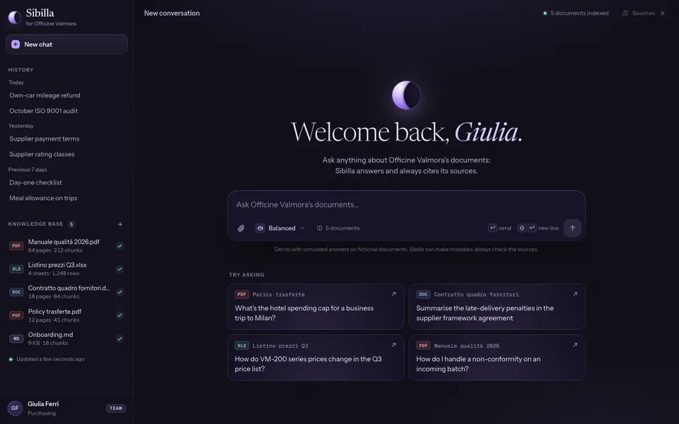 Preview of the prototype Sibilla: AI assistant