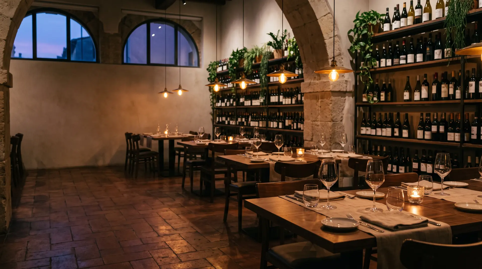 La sala di Tavola la sera: volte in pietra, finestre ad arco, pareti di vino e tavoli apparecchiati a lume di candela